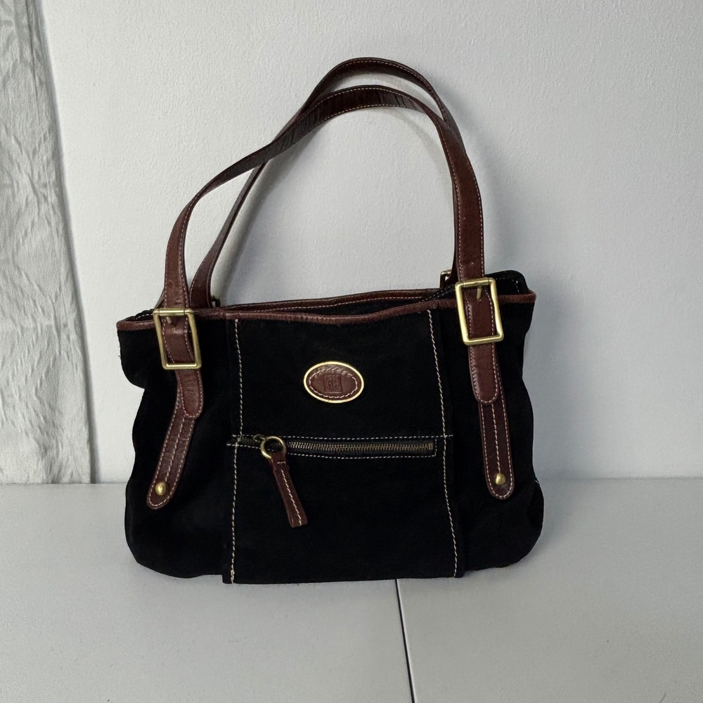 Giani Bernini Black Suede Shoulder Bag Brown Leather Trim Multi-Pocket Slouchy
